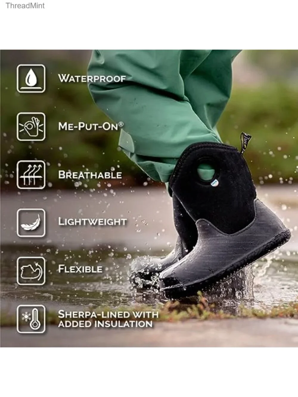 Kids Waterproof Snow Boots Fleece-Lined Winter Rain Boots Machine Washable